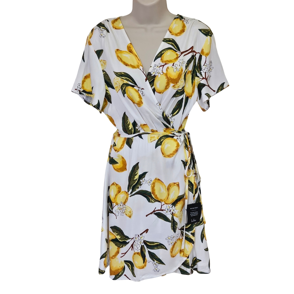 Lulus A La Tart White/Yellow Multi-Color Lemon Print True Wrap Dress,Medium,NWT